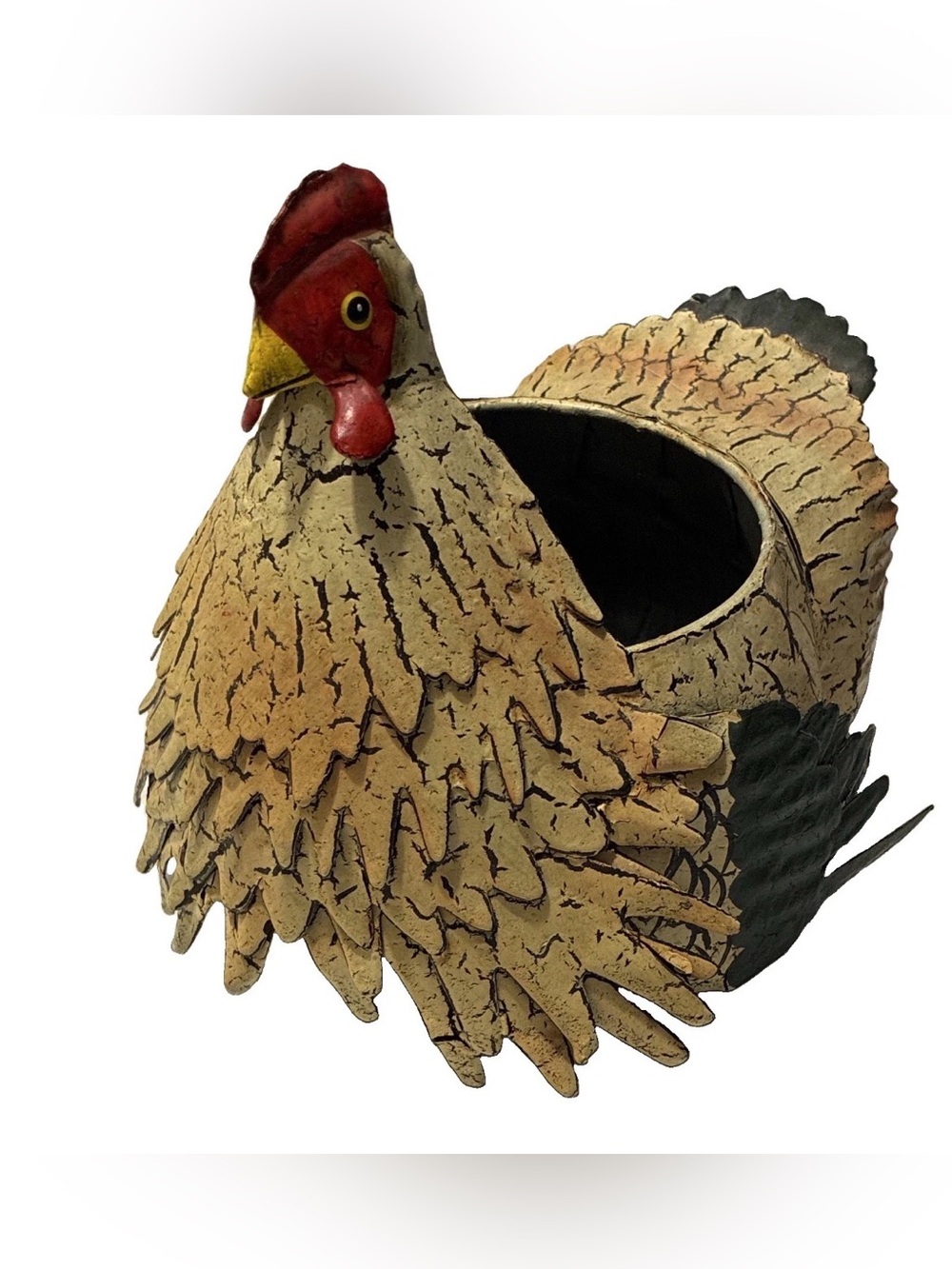 Metal Chicken Hen Planter, Painted 3D Effect, Beige Black Red Yellow
